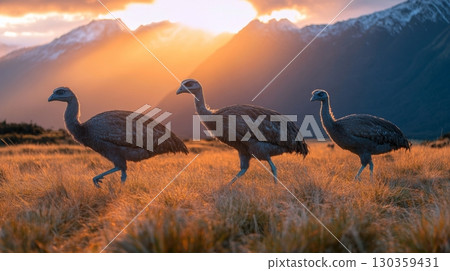 Three birds walk gracefully across golden grass under a stunning sunset. Mountain peaks glow in the background. Nature unfolds its beauty. Generative AI 130359431