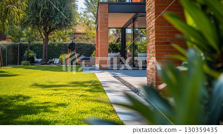 A modern home with lush green lawn and brick architecture. The inviting garden showcases tranquility and outdoor living. Perfect for relaxation and entertaining. Generative AI A modern home with lush green lawn and brick architecture. The inviting garden showcases tranquility and outdoor living. Perfect for relaxation and entertaining. Generative AI 130359435