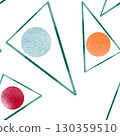 Abstract watercolor pattern with green outlined triangles and colorful circles in red, blue, and orange. Modern geometric design perfect for textiles, wallpapers, prints, and digital backgrounds 130359510