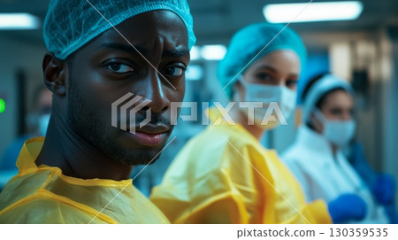 A focused healthcare professional gazes into the camera. The medical team in protective gear showcases dedication and bravery. A snapshot of modern medicine at work. Generative AI 130359535