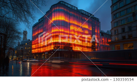 A captivating modern building illuminated in vibrant red and orange hues. The glass facade reflects the urban landscape and creates an artistic atmosphere. Generative AI 130359554