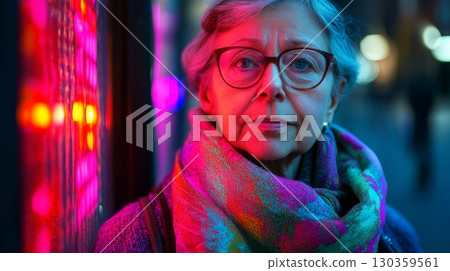 A profound portrait of a thoughtful older woman illuminated by vibrant neon lights. Her expression reveals depth and wisdom. Capturing emotions through color. Generative AI A profound portrait of a thoughtful older woman illuminated by vibrant neon lights. Her expression reveals depth and wisdom. Capturing emotions through color. Generative AI 130359561