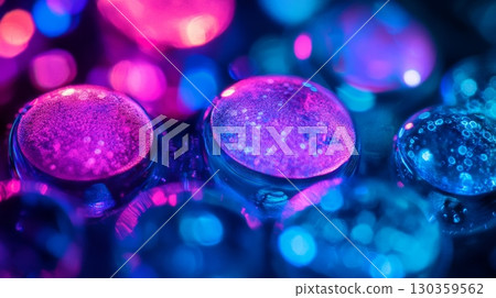 Colorful droplets shimmer in an array of vibrant hues. The amalgamation of light creates a mesmerizing visual spectacle. A journey through a glowing landscape. Generative AI 130359562