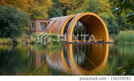 A stunning architectural marvel by the serene lake. The unique curved structure harmonizes with the natural surroundings. Nature and design come together beautifully. Generative AI 130359563