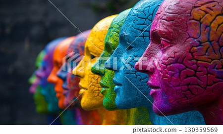 Vibrant sculptures showcasing colorful painted faces in a line. Each head represents emotion and creativity. Bold art embraces diverse expression. Generative AI Vibrant sculptures showcasing colorful painted faces in a line. Each head represents emotion and creativity. Bold art embraces diverse expression. Generative AI 130359569