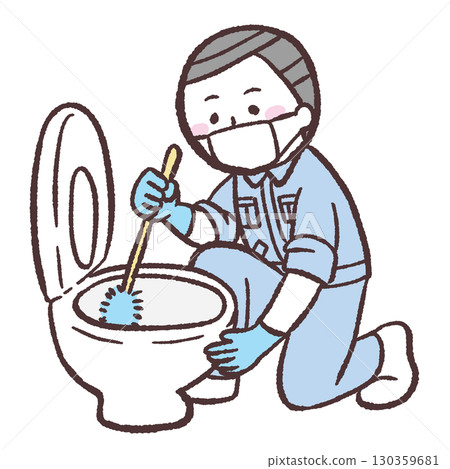 Illustration of a man cleaning a toilet Illustration of a man cleaning a toilet 130359681