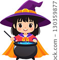 A girl in a Halloween costume and a magic cauldron 130359877