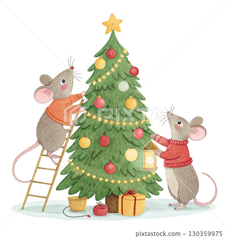 A cute watercolor illustration of two white mice decorating a Christmas tree. One mouse is standing on a wooden ladde  130359975