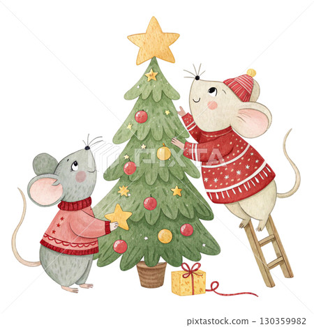 A cute watercolor illustration of two white mice decorating a Christmas tree. One mouse is standing on a wooden ladde  130359982