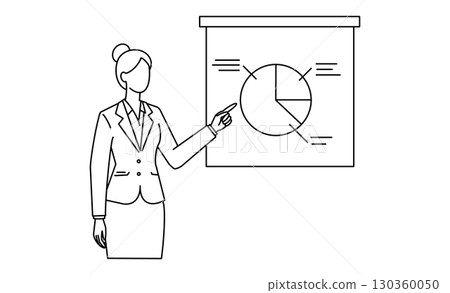 Woman giving a presentation and pie chart document illustration icon Woman giving a presentation and pie chart document illustration icon 130360050