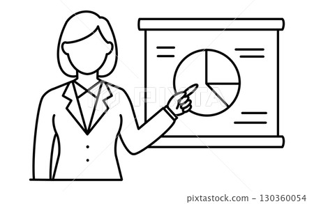 Woman giving a presentation and pie chart document illustration icon Woman giving a presentation and pie chart document illustration icon 130360054