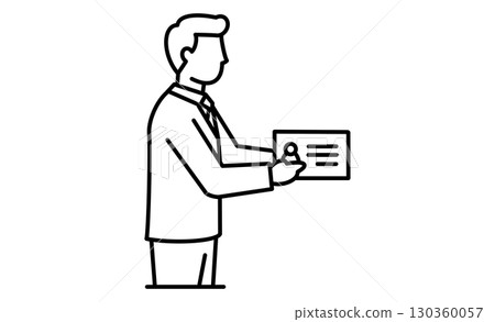 Illustration icon of a man in a business suit handing over a business card Illustration icon of a man in a business suit handing over a business card 130360057