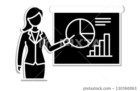 Woman giving a presentation and pie chart document illustration icon 130360063