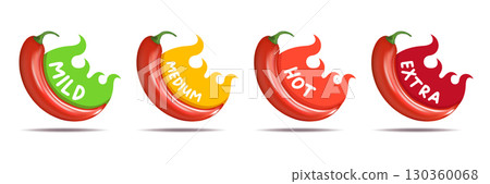 Spicy hot red chili pepper icons set with flame and rating of spicy. Vector spicy food level sticker collection, mild, medium hot and extra hot level of pepper sauce or snack food 130360068