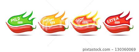 Spicy hot red chili pepper icons set with flame and rating of spicy. Vector spicy food level sticker collection, mild, medium hot and extra hot level of pepper sauce or snack food Spicy hot red chili pepper icons set with flame and rating of spicy. Vector spicy food level sticker collection, mild, medium hot and extra hot level of pepper sauce or snack food 130360069