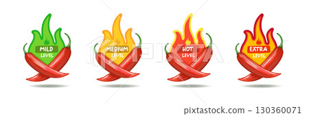 Spicy hot red chili pepper icons set with flame and rating of spicy. Vector spicy food level sticker collection, mild, medium hot and extra hot level of pepper sauce or snack food Spicy hot red chili pepper icons set with flame and rating of spicy. Vector spicy food level sticker collection, mild, medium hot and extra hot level of pepper sauce or snack food 130360071