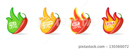 Spicy hot red chili pepper icons set with flame and rating of spicy. Vector spicy food level sticker collection, mild, medium hot and extra hot level of pepper sauce or snack food Spicy hot red chili pepper icons set with flame and rating of spicy. Vector spicy food level sticker collection, mild, medium hot and extra hot level of pepper sauce or snack food 130360072
