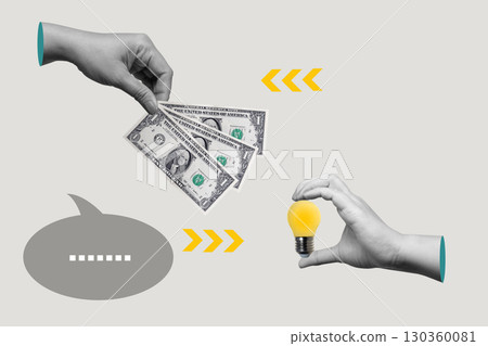 Human hand holding a lit light bulb and dollar banknotes with a colored background. Collage art of Financial planning Human hand holding a lit light bulb and dollar banknotes with a colored background. Collage art of Financial planning 130360081