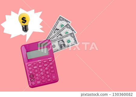 Calculator and dollar banknotes with dollar sign on a light bulb on a colored background. Collage art of Financial planning Calculator and dollar banknotes with dollar sign on a light bulb on a colored background. Collage art of Financial planning 130360082