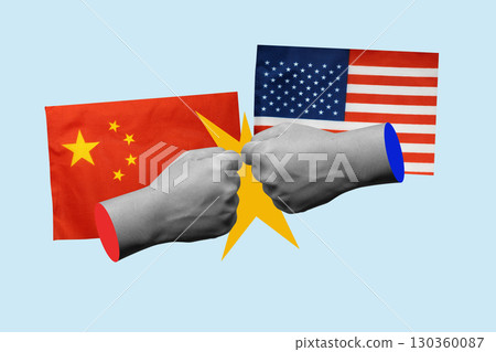 Human hand fist fight with flags of the USA and China on a colored background. Collage art of the tariff war between the United States of America versus China, trade war disputes, or economic conflict 130360087