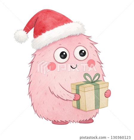 Cartoon Monster cute wearing a Santa hat standing holding a gift box Christmas  130360123