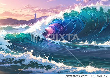 Anime style closeup large ocean waves mountain background 130360147