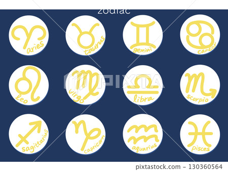 Handwritten symbols set of 12 constellations (English labels, yellow and navy background) 130360564