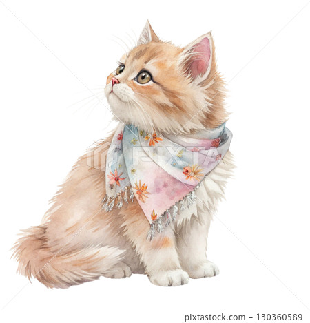 Cute fluffy cat with big round eyes, wearing a colorful scarf tied under the chin Clipart Watercolor white background 130360589