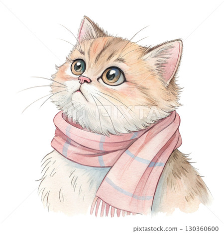 Cute fluffy cat with big round eyes, wearing a colorful scarf tied under the chin Clipart Watercolor white background 130360600