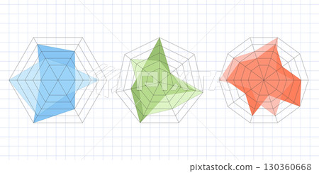 Template for radar or spider charts with clean flat mesh. Vector diagram pack includes pentagon and hexagon shapes. Kiviat chart for stats and analytics. Isolated on white background 130360668