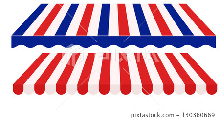 Red White and Blue Tent Canopy Vector Illustration. Striped Awning Roof for Market or Restaurant Use. Classic Outdoor Fair Style Sunshade Isolated on White. 130360669