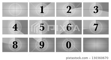 16x9 filmstrip countdown with grunge background and retro camera frames. Classic movie timer numbers for cinema intro or presentation design. Old screen leader animation for video or reel 130360670