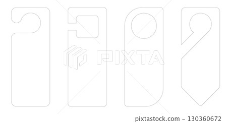 Hotel room door hanger mockup with paper tag shapes. Vector design template for die cut signs with handle hook. Cardboard flyer layout for hang labels isolated on white background 130360672