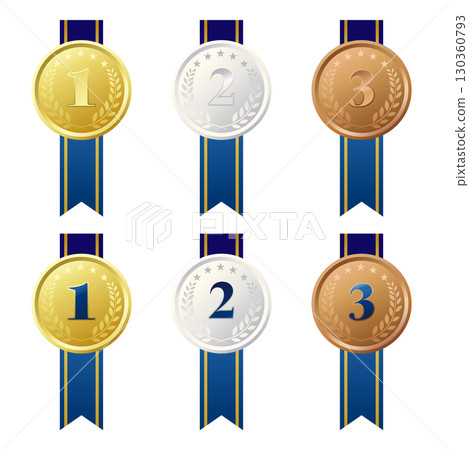 Medal award set with blue ribbon Medal award set with blue ribbon 130360793