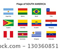 Flags of South American sovereign states isolated on a transparent background. Collection of official national flags of South America including Argentina, Bolivia, Brazil, Chile, and others. Vector 130360851