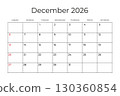 Printable Monthly Calendar template for December 2026. Week Starts on SUNDAY. Wall Calendar in a Minimalist Style. Simple and clean design. Ready to print. Vector illustration 130360854