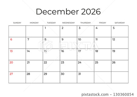 Printable Monthly Calendar template for December 2026. Week Starts on SUNDAY. Wall Calendar in a Minimalist Style. Simple and clean design. Ready to print. Vector illustration Printable Monthly Calendar template for December 2026. Week Starts on SUNDAY. Wall Calendar in a Minimalist Style. Simple and clean design. Ready to print. Vector illustration 130360854