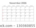 Printable Monthly Calendar template for November 2026. Week Starts on SUNDAY. Wall Calendar in a Minimalist Style. Simple and clean design. Ready to print. Vector illustration 130360855