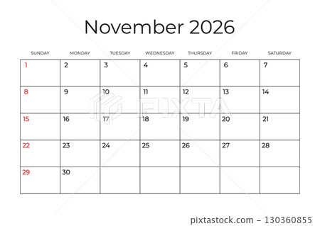 Printable Monthly Calendar template for November 2026. Week Starts on SUNDAY. Wall Calendar in a Minimalist Style. Simple and clean design. Ready to print. Vector illustration 130360855