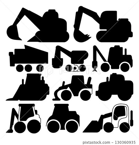 Variety of construction vehicles and equipment silhouettes in black on white background 130360935