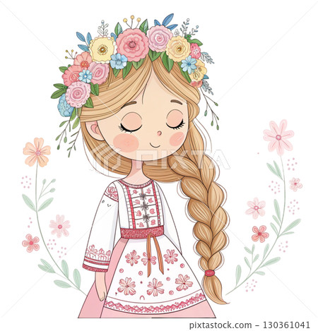 kawaii girl folk dress flower crown pastel illustration Clipart Watercolor white background kawaii girl folk dress flower crown pastel illustration Clipart Watercolor white background 130361041
