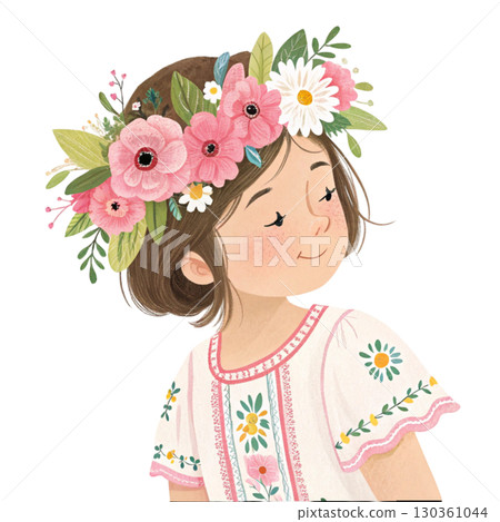 kawaii girl folk dress flower crown pastel illustration Clipart Watercolor white background kawaii girl folk dress flower crown pastel illustration Clipart Watercolor white background 130361044
