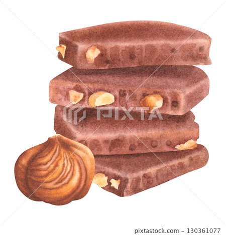 Stack of broken chocolate pieces with peeled whole hazelnut. Hand drawn watercolor illustration of chocolate rectangular tiles on isolated background. Cocoa sweet dessert for packaging design. 130361077