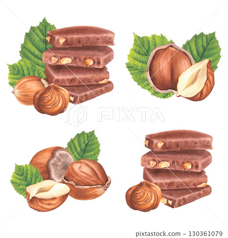 Chocolate pieces with hazelnut and green leaves. Hand drawn watercolor illustration of cocoa sweet dessert on isolated background. Confectionery product for packaging, kitchen, restaurants designs. Chocolate pieces with hazelnut and green leaves. Hand drawn watercolor illustration of cocoa sweet dessert on isolated background. Confectionery product for packaging, kitchen, restaurants designs. 130361079
