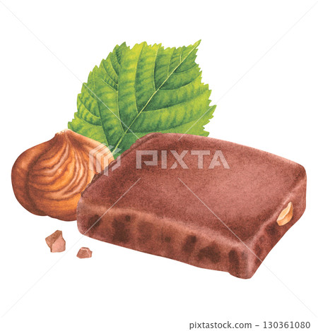 Dark or milk chocolate rectangular piece with hazelnut and green leaf. Hand drawn watercolor illustration of cocoa sweet dessert on isolated background. Confectionery product for packaging, kitchen. Dark or milk chocolate rectangular piece with hazelnut and green leaf. Hand drawn watercolor illustration of cocoa sweet dessert on isolated background. Confectionery product for packaging, kitchen. 130361080