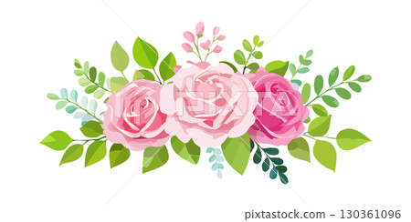 Set of floral branch. Flower pink rose, green leaves. Wedding concept with flowers. Floral poster, invite. Vector arrangements for greeting card or invitation Set of floral branch. Flower pink rose, green leaves. Wedding concept with flowers. Floral poster, invite. Vector arrangements for greeting card or invitation 130361096