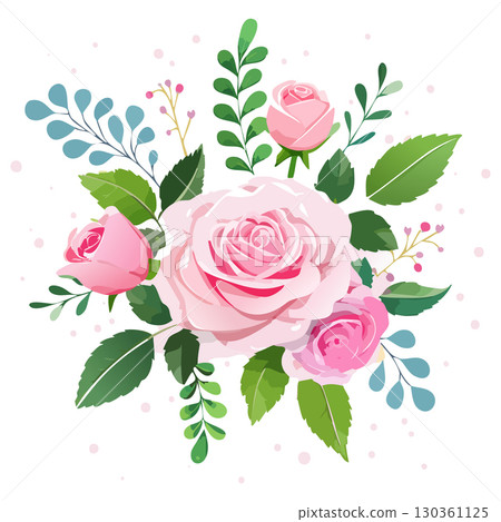 Set of floral branch. Flower pink rose, green leaves. Wedding concept with flowers. Floral poster, invite. Vector arrangements for greeting card or invitation Set of floral branch. Flower pink rose, green leaves. Wedding concept with flowers. Floral poster, invite. Vector arrangements for greeting card or invitation 130361125