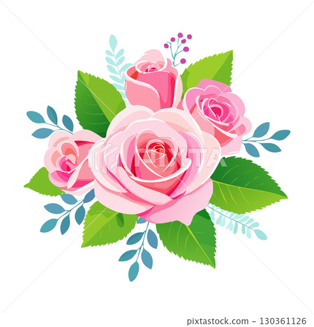 Set of floral branch. Flower pink rose, green leaves. Wedding concept with flowers. Floral poster, invite. Vector arrangements for greeting card or invitation Set of floral branch. Flower pink rose, green leaves. Wedding concept with flowers. Floral poster, invite. Vector arrangements for greeting card or invitation 130361126