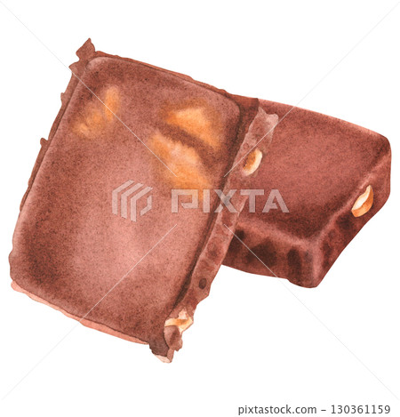 Chocolate bar pieces. Hand drawn watercolor illustration of dark brown cocoa sweet dessert on isolated background. Square black or milk choco candy broken chunk. Delicious confectionery product cube. Chocolate bar pieces. Hand drawn watercolor illustration of dark brown cocoa sweet dessert on isolated background. Square black or milk choco candy broken chunk. Delicious confectionery product cube. 130361159