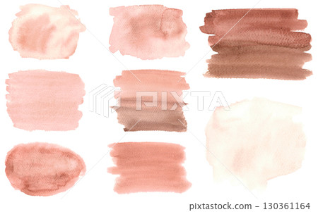 Watercolor set of abstract spots isolated on white background. Chocolate, brown, dusty pink, beige shades with texture paper. Hand drawn illustration of blots for design, banner. Template for decor. 130361164